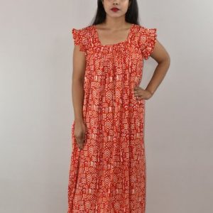 Red Cotton Maxi Nighty Square Neck Short Sleeves with pleats