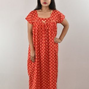 Red Cotton Maxi Nighty Square Neck Pipien With Short Sleeves