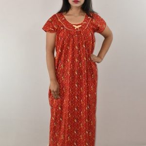 Red Cotton Maxi Nighty Round Neck Pipien With Short Sleeves