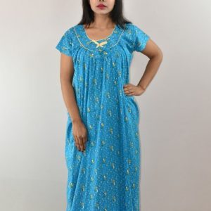 Blue Cotton Maxi Nighty Round Neck Pipien With Short Sleeves