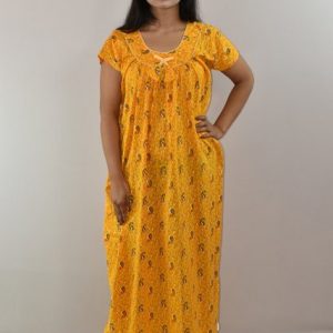 Yellow Cotton Maxi Nighty Round Neck Pipien With Short Sleeves