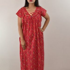 Pink Cotton Maxi Nighty Round Neck Pipien With Short Sleeves