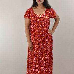 Red Cotton Maxi Nighty Square Neck Pipien With Short Sleeves
