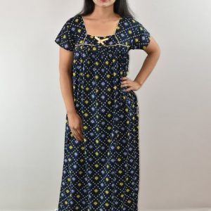 Blue Cotton Maxi Nighty Square Neck Pipien With Short Sleeves