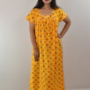 Yellow Cotton Maxi Nighty Square Neck Pipien With Short Sleeves