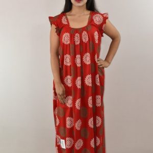 Red Cotton Maxi Nighty Square Neck Short Sleeves with pleats