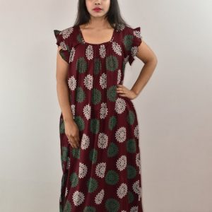 Maroon Cotton Maxi Nighty Square Neck Short Sleeves with pleats