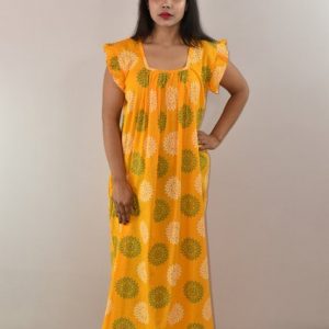 Yellow Cotton Maxi Nighty Square Neck Short Sleeves with pleats