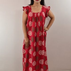 Pink Cotton Maxi Nighty Square Neck Short Sleeves with pleats
