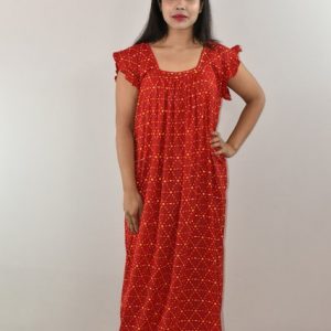 Red Cotton Maxi Nighty Square Neck Short Sleeves with pleats
