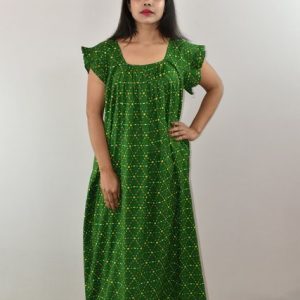 Green Cotton Maxi Nighty Square Neck Short Sleeves with pleats