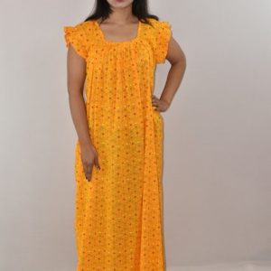 Yellow Cotton Maxi Nighty Square Neck Short Sleeves with pleats