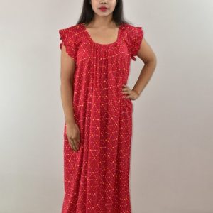 Pink Cotton Maxi Nighty Square Neck Short Sleeves with pleats