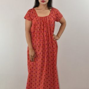Red Cotton Maxi Nighty Square Neck Short Sleeves
