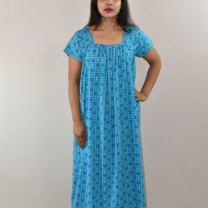 Blue Cotton Maxi Nighty Square Neck Short Sleeves