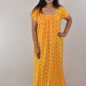 Yellow Cotton Maxi Nighty Square Neck Short Sleeves