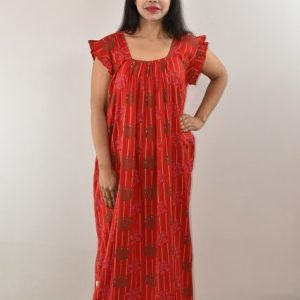 Red Cotton Maxi Nighty Square Neck Short Sleeves with pleats