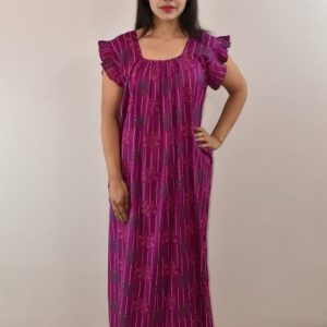 Purple Cotton Maxi Nighty Square Neck Short Sleeves with pleats