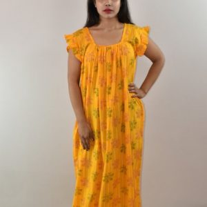 Yellow Cotton Maxi Nighty Square Neck Short Sleeves with pleats
