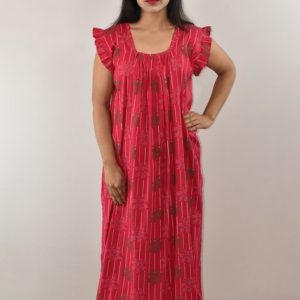 Pink Cotton Maxi Nighty Square Neck Short Sleeves with pleats