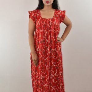Red Cotton Maxi Nighty Square Neck Short Sleeves with pleats