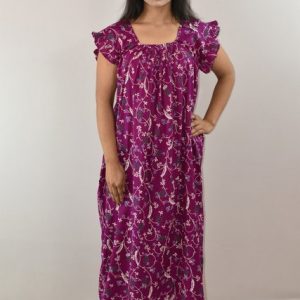 Purple Cotton Maxi Nighty Square Neck Short Sleeves with pleats