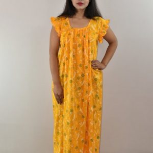 Yellow Cotton Maxi Nighty Square Neck Short Sleeves with pleats