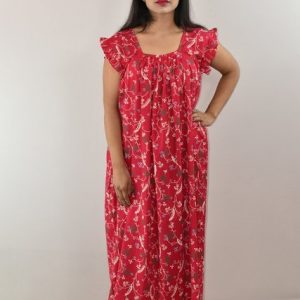Pink Cotton Maxi Nighty Square Neck Short Sleeves with pleats