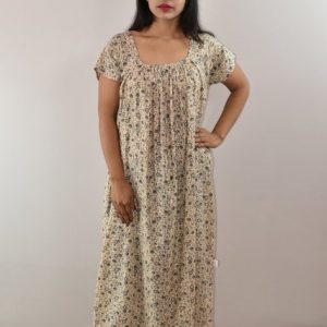 White Blue Cotton Maxi Nighty Square Neck With Short Sleeves