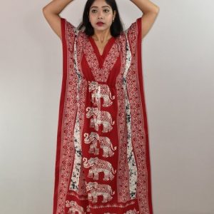 Red kaftan Big Elephant Print Nighty