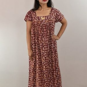 Maroon Cotton Maxi Nighty Square Neck Short Sleeves with pleats