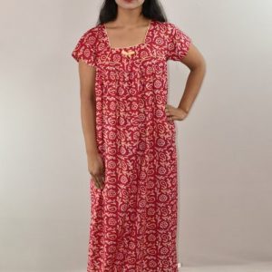 Pink Cotton Maxi Nighty Square Neck Short Sleeves with pleats