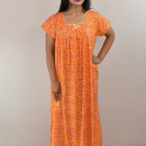 Yellow Cotton Maxi Nighty Square Neck Short Sleeves with pleats