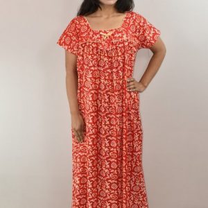 Red Cotton Maxi Nighty Square Neck Short Sleeves with pleats