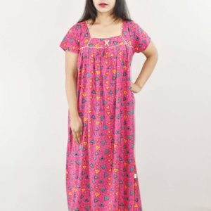 Pink Cotton Maxi Nighty Square Neck Short Sleeve With Pipien