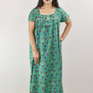 Green Cotton Maxi Nighty Square Neck Short Sleeve With Pipien