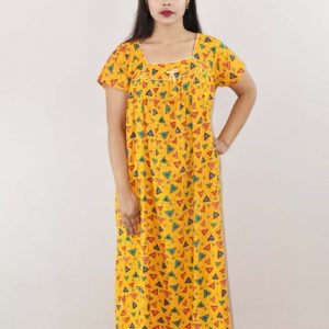 Yellow Cotton Maxi Nighty Square Neck Short Sleeve With Pipien