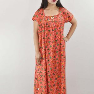 Red Cotton Maxi Nighty Square Neck Short Sleeve With Pipien