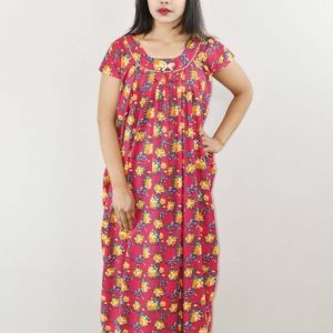 Pink Cotton Maxi Nighty Round Neck Short Sleeve With Pipien