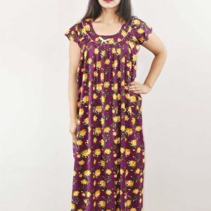 Purple Cotton Maxi Nighty Round Neck Short Sleeve With Pipien