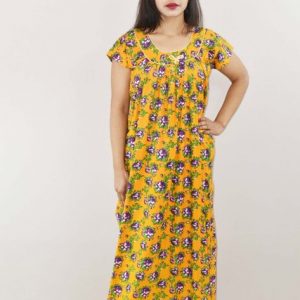 Yellow Cotton Maxi Nighty Round Neck Short Sleeve With Pipien