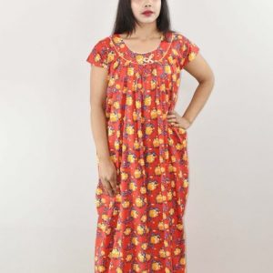 Red Cotton Maxi Nighty Round Neck Short Sleeve With Pipien