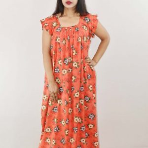 Red Cotton Maxi Nighty Square Neck Short Sleeves with pleats