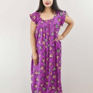 Purple Cotton Maxi Nighty Square Neck Short Sleeves with pleats