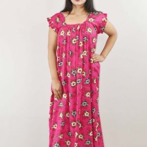 Pink Cotton Maxi Nighty Square Neck Short Sleeves with pleats