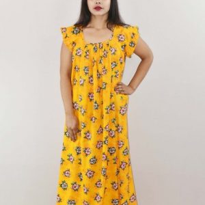 Yellow Cotton Maxi Nighty Square Neck Short Sleeves with pleats