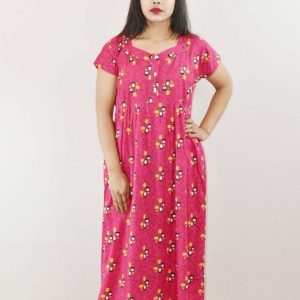 Pink Cotton Maxi Nighty V Neck Short Sleeves with Button