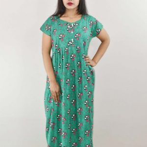 Green Cotton Maxi Nighty V Neck Short Sleeves with Button