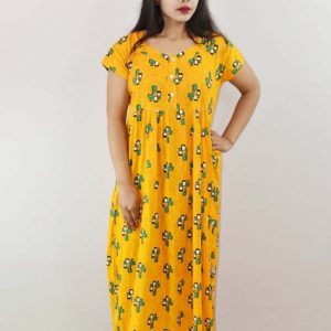 Yellow Cotton Maxi Nighty V Neck Short Sleeves with Button