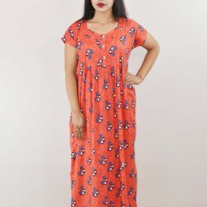 Red Cotton Maxi Nighty V Neck Short Sleeves with Button